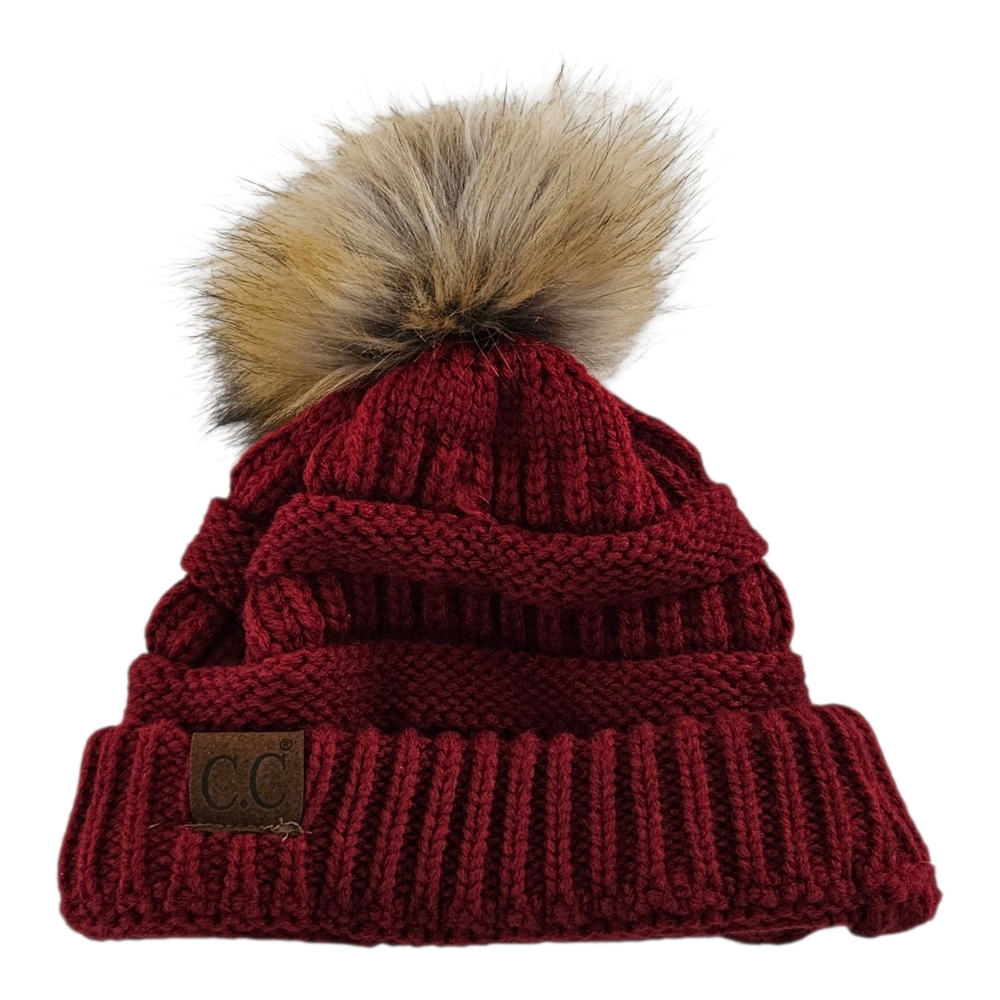 C.C Exclusives Burgundy Knit Beanie with Faux Fur Pom-Pom